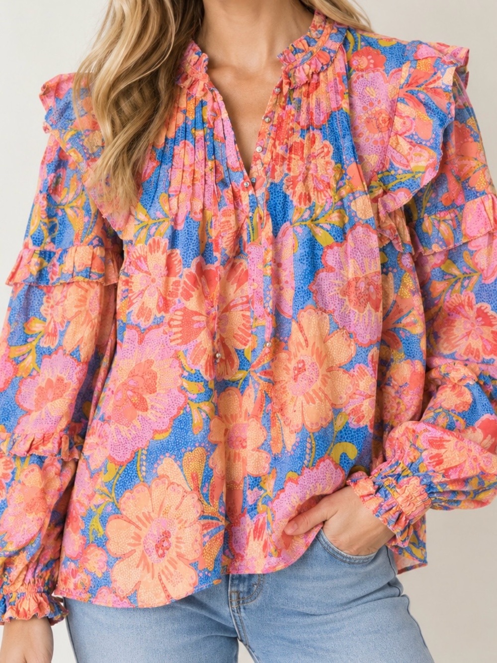 Karlie NWT 100% Cotton Floral Boho Blouse Ruffle Collar Balloon Sleeve Large